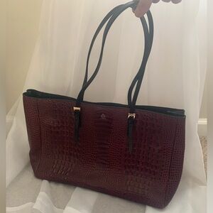 Antonio Melani Dark Red Burgundy Crocodile Embossed Gold Hardware Logo Tote Bag